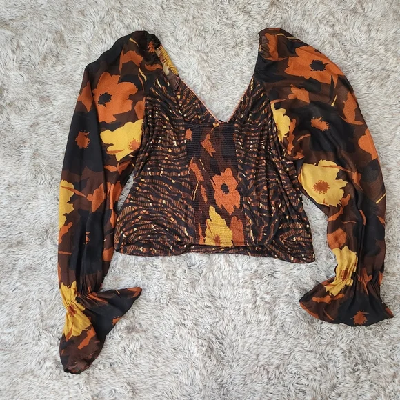 Anthropologie Conditions Apply Zeena Puff Sleeve Blouse‎ Brown Motif Women's XL - Picture 9 of 13